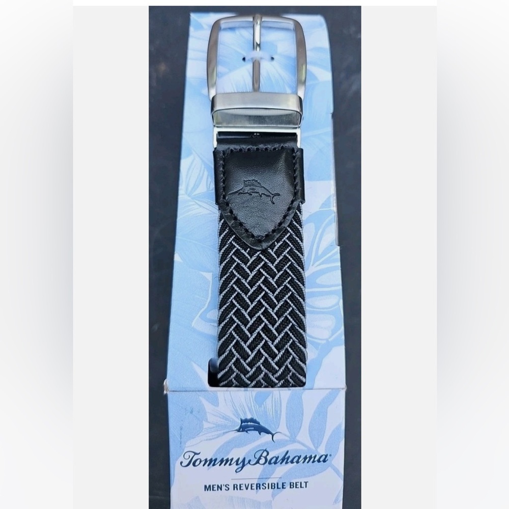 Tommy Men's Stretch Braided Reversible Leather Trim Belt | Black/ Grey